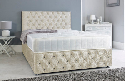 Adore Designs Chesterfield Crushed Velvet Divan Bed, With Orthopaedic Mattress & Footboard - 4Ft Small Double - Cream - 4 Drawers - image 1