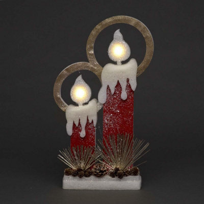 Shatchi 51Cm Christmas Pre Lit Twin Candles Battery Operated Glitter Foam Snow Covered Finish Table Decoration Red - image 1