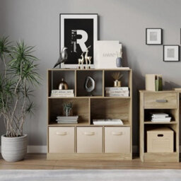 Urbn-Living Urbnliving Asymmetrical 8 Cube Oak Bookcase Storage Unit With 3 Fabric Drawer Inserts- Cream - thumbnail 2