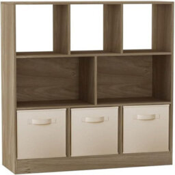 Urbn-Living Urbnliving Asymmetrical 8 Cube Oak Bookcase Storage Unit With 3 Fabric Drawer Inserts- Cream