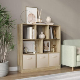 Urbn-Living Urbnliving Asymmetrical 8 Cube Oak Bookcase Storage Unit With 3 Fabric Drawer Inserts- Cream - thumbnail 4