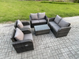 Fimous Rattan Garden Furniture Set Patio Outdoor Lounge Sofa Set With Reclining Chair Rectangular Coffee Table Dark Grey Mixed - thumbnail 2