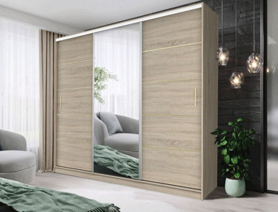 Fhif Ibiza Gold 250Cm Oak Sliding Door Wardrobe Modern Bedroom Storage With Full Length Mirror Shelves And Hanging Rails - image 1