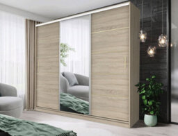 Fhif Ibiza Gold  250Cm Oak Sliding Door Wardrobe Modern Bedroom Storage With Full Length Mirror Shelves And Hanging Rails