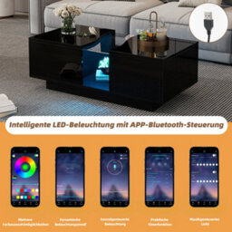 Btm Led Coffee Table With 2 Drawers, 16Colour Lights, High Gloss Centre Table For Living Room, Black - thumbnail 3