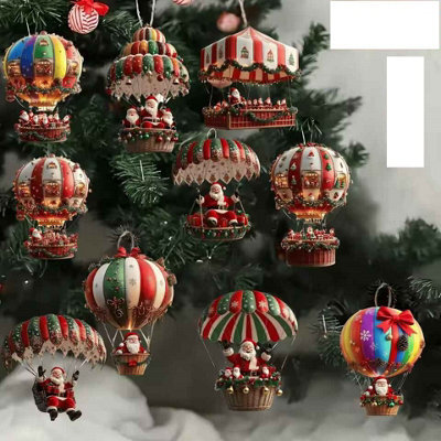 10Pcs Wooden Hot Air Balloon Santa Ornaments 2D Christmas Tree Decorations