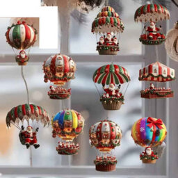 10Pcs Wooden Hot Air Balloon Santa Ornaments  2D Christmas Tree Decorations - thumbnail 3