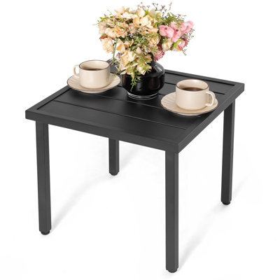 Avestar Square Outdoor Side Table With Slatted Top And Adjustable Feet, Powder-Coated Metal Patio Coffee Table, Black