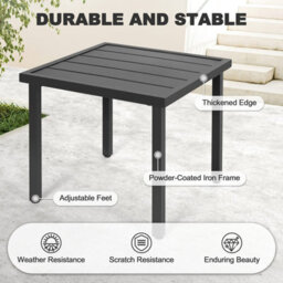 Avestar Square Outdoor Side Table With Slatted Top And Adjustable Feet, Powder-Coated Metal Patio Coffee Table, Black - thumbnail 5