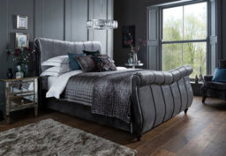Save On Goods UK 4Ft6 Double Grey Velvet Scroll Back Chesterfield Fabric Upholstered Bed Frame Bedstead