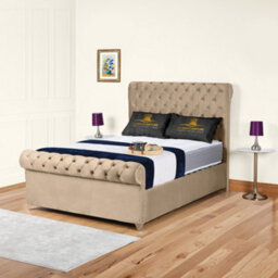 UKBEDFURNITURE Chesterfield Sleigh Beige Plush Velvet Upholstered Bed Frame - Slatted Base With 10 Inch Orthopedic Mattress - 48 Inch Headboard - thumbnail 1