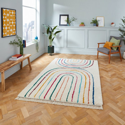 Multi Kilim Modern Shaggy Abstract Striped Easy To Clean Dining Room Rug -200Cm X 290Cm