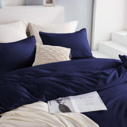 Ameha Plain Dyed Duvet Cover Complete Set With Matching Fitted Sheet & Pillowcase Microfiber Super King Navy - thumbnail 3