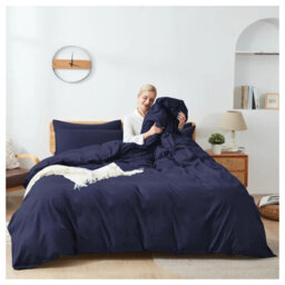 Ameha Plain Dyed Duvet Cover Complete Set With Matching Fitted Sheet & Pillowcase Microfiber Super King Navy - thumbnail 7