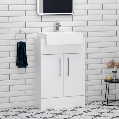 Royal Bathrooms Elena 600mm Gloss White Floor Standing Bathroom Vanity Unit With 2 Door Cabinet Storage & Semi Recessed Basin - image 1