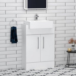 Royal Bathrooms Elena 600mm Gloss White Floor Standing Bathroom Vanity Unit With 2 Door Cabinet Storage & Semi Recessed Basin