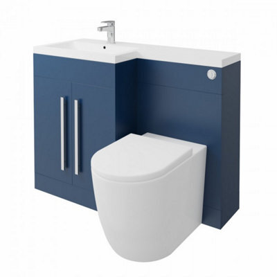 Rinse Bathrooms 1100mm Lh Basin L Shape Matte Blue Vanity Sink Unit Cabinet Storage Furniture + Toilet + Cistern - image 1