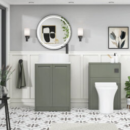 Royal Bathrooms Royal Bathroom Elmore 600mm Matt Green Freestanding Countertop Bathroom Vanity Unit 2 Door Plain White Worktop With Peak Basin - thumbnail 5