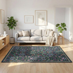 Living And Home Green Floral Rectangular Rug Non Slip Backing Machine Washable Polyester Floor Carpet 160X100Cm - thumbnail 1