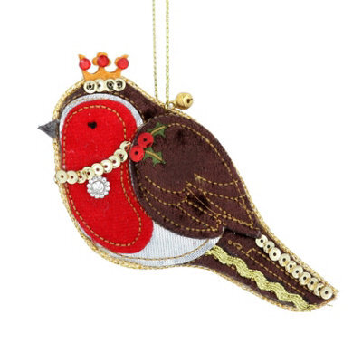 Gisela Graham Christmas Luxe Robin Hanging Tree Decoration, 11 X 5.5 Cm, Red Brown Gold, Gloss Finish