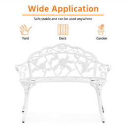 Yaheetech White Outdoor Metal Bench Rose Accented For Patio, Garden, Park - thumbnail 5