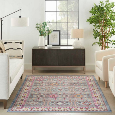 Grey Multi Luxurious Bordered Floral Persian Traditional Latex Backing Rug For Living Room Bedroom And Dining Room-183Cm (Circle)