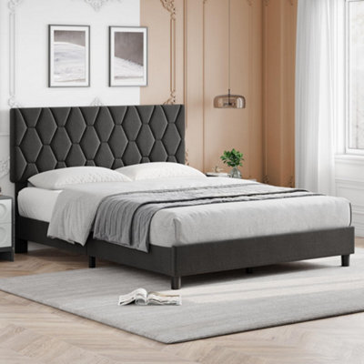 Upholstered Bed Frame With Adjustable Diamond Tufted Headboard, Wooden Slats Support, Grey/double, 135 X 190 Cm - image 1