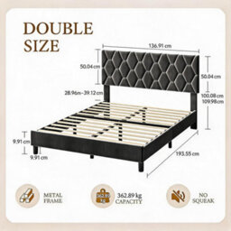Upholstered Bed Frame With Adjustable Diamond Tufted Headboard, Wooden Slats Support, Grey/double, 135 X 190 Cm - thumbnail 2