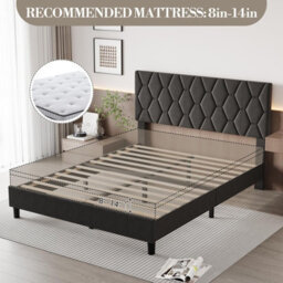 Upholstered Bed Frame With Adjustable Diamond Tufted Headboard, Wooden Slats Support, Grey/double, 135 X 190 Cm - thumbnail 6