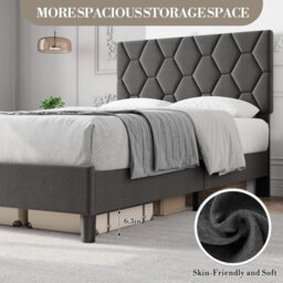 Upholstered Bed Frame With Adjustable Diamond Tufted Headboard, Wooden Slats Support, Grey/double, 135 X 190 Cm - thumbnail 5