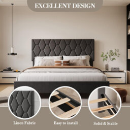 Upholstered Bed Frame With Adjustable Diamond Tufted Headboard, Wooden Slats Support, Grey/double, 135 X 190 Cm - thumbnail 4