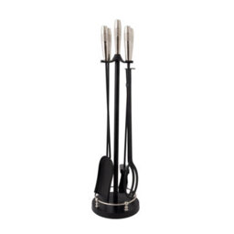 Charles Bentley Sycamore Fireside Companion Set Iron Tool Stand Silver Handles Circular Base - thumbnail 3