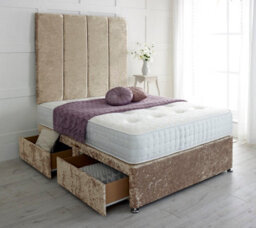 "Slumbre Stafford Crushed Velvet Divan Bed, With Pocket Mattress & 36"" Headboard - 6Ft Super King - Gold - 0 Drawers"