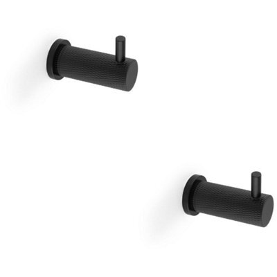 Loops 2 Pack - Solid Brass Knurled Single Robe Coat Hook - Wall Mounted Holder - Matt Black - image 1