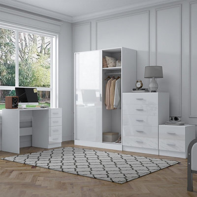 Reflect 2 Door Sliding Wardrobe, 5 Drawer Chest, 2 Drawer Bedside & Desk - White Gloss & Matt White - Modern Bedroom Furniture Set - image 1