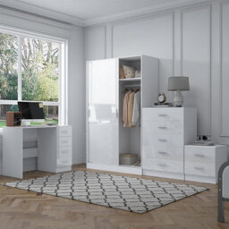 Reflect 2 Door Sliding Wardrobe, 5 Drawer Chest, 2 Drawer Bedside & Desk - White Gloss & Matt White - Modern Bedroom Furniture Set - thumbnail 1