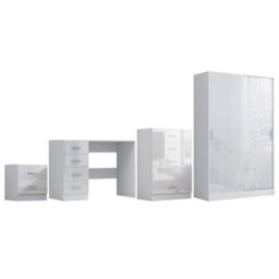 Reflect 2 Door Sliding Wardrobe, 5 Drawer Chest, 2 Drawer Bedside & Desk - White Gloss & Matt White - Modern Bedroom Furniture Set - thumbnail 5