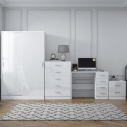Reflect 2 Door Sliding Wardrobe, 5 Drawer Chest, 2 Drawer Bedside & Desk - White Gloss & Matt White - Modern Bedroom Furniture Set - thumbnail 4