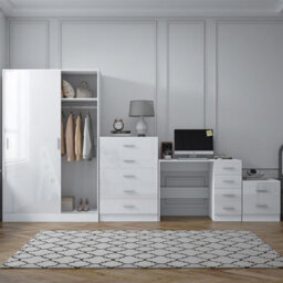 Reflect 2 Door Sliding Wardrobe, 5 Drawer Chest, 2 Drawer Bedside & Desk - White Gloss & Matt White - Modern Bedroom Furniture Set - thumbnail 3