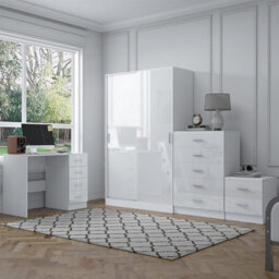 Reflect 2 Door Sliding Wardrobe, 5 Drawer Chest, 2 Drawer Bedside & Desk - White Gloss & Matt White - Modern Bedroom Furniture Set - thumbnail 2