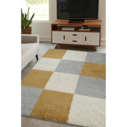 Melrose Orange Grey Shaggy High Pile Block Design Medium Area Indoor Rug 120/170Cm - thumbnail 1
