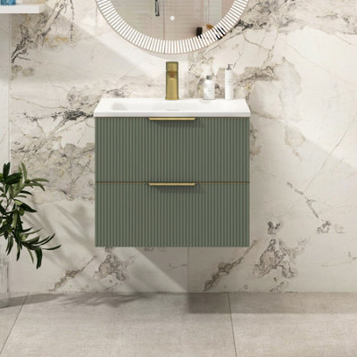 Royal Bathrooms Evora 600mm Sage Green Fluted Wall Hung Bathroom Vanity Unit 2 Drawer Cabinet Storage With Stone Basin & Brushed Brass Handles - image 1
