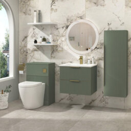 Royal Bathrooms Evora 600mm Sage Green Fluted Wall Hung Bathroom Vanity Unit 2 Drawer Cabinet Storage With Stone Basin & Brushed Brass Handles - thumbnail 4