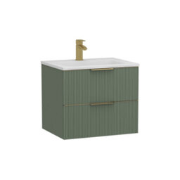 Royal Bathrooms Evora 600mm Sage Green Fluted Wall Hung Bathroom Vanity Unit 2 Drawer Cabinet Storage With Stone Basin & Brushed Brass Handles - thumbnail 7