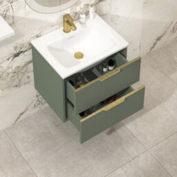 Royal Bathrooms Evora 600mm Sage Green Fluted Wall Hung Bathroom Vanity Unit 2 Drawer Cabinet Storage With Stone Basin & Brushed Brass Handles - thumbnail 5