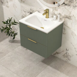 Royal Bathrooms Evora 600mm Sage Green Fluted Wall Hung Bathroom Vanity Unit 2 Drawer Cabinet Storage With Stone Basin & Brushed Brass Handles - thumbnail 6