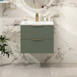 Royal Bathrooms Evora 600mm Sage Green Fluted Wall Hung Bathroom Vanity Unit 2 Drawer Cabinet Storage With Stone Basin & Brushed Brass Handles