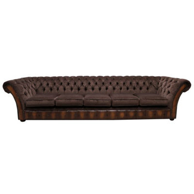 Chesterfield 5 Seater Sofa Antique Tan Leather Pimlico Mocha Fabric In Jepson Style - image 1