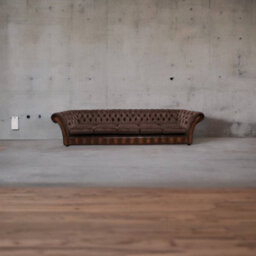 Chesterfield 5 Seater Sofa Antique Tan Leather Pimlico Mocha Fabric In Jepson Style - thumbnail 4