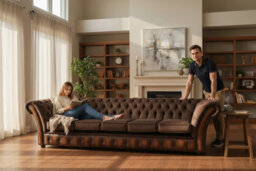 Chesterfield 5 Seater Sofa Antique Tan Leather Pimlico Mocha Fabric In Jepson Style - thumbnail 2